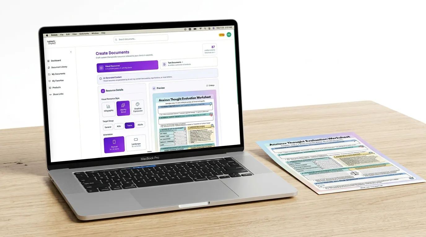 The TherapyScript AI visual resource builder on a laptop, with a finished Anxious Thought Evaluation Worksheet printed beside it